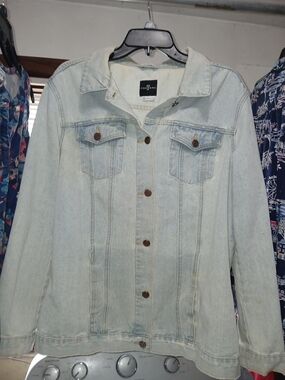 one 5 one Denim Jacket With Embellishments On Back And Distressed Sleeves. L